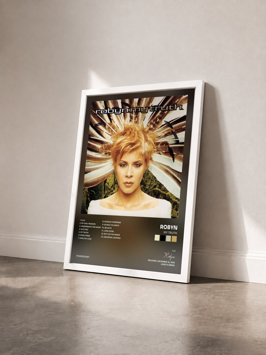 #blanc Tableau de l'album My Truth de Robyn vu de trois quarts, cadre blanc
