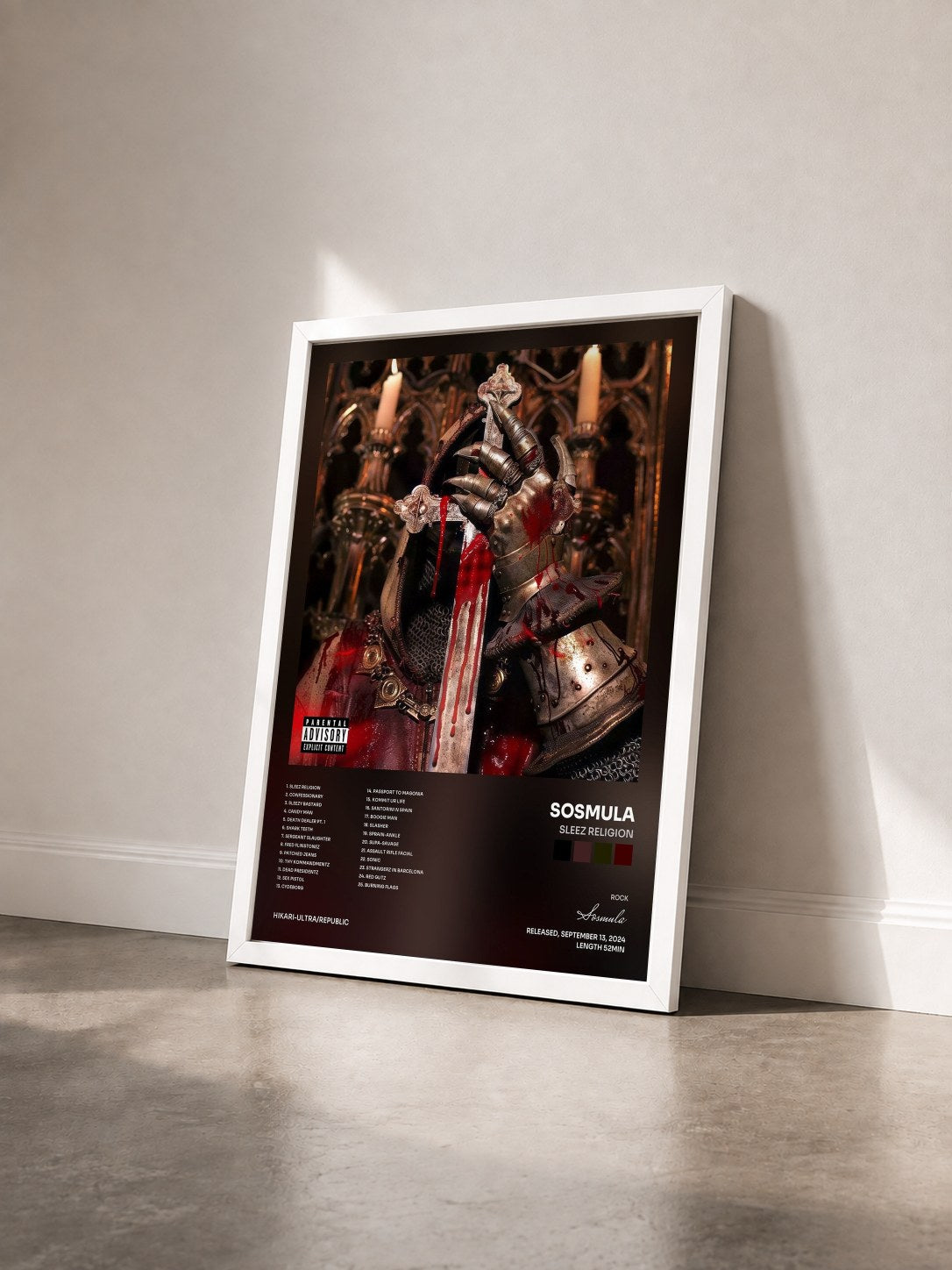 #blanc Tableau de l'album SLEEZ RELIGION de Sosmula vu de trois quarts, cadre blanc