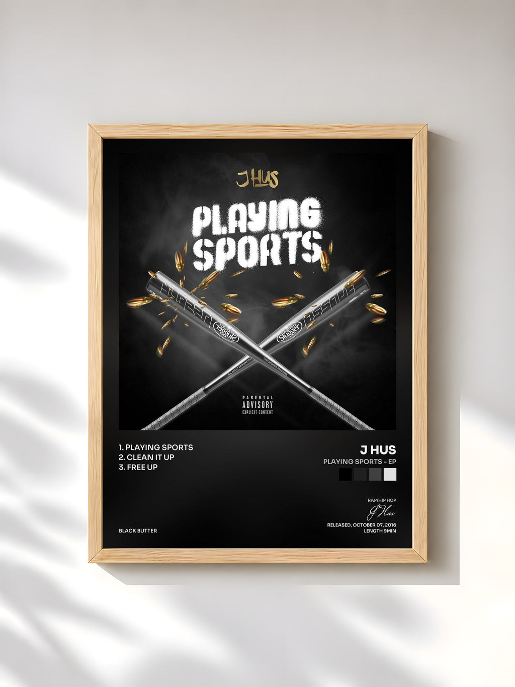 #bois Tableau de l'album Playing Sports - EP de J Hus, cadre en bois brut, imprimé et encadré en France