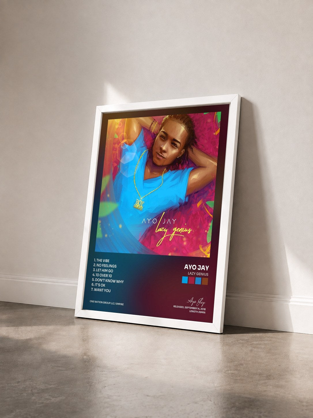 #blanc Tableau de l'album Lazy Genius de Ayo Jay vu de trois quarts, cadre blanc