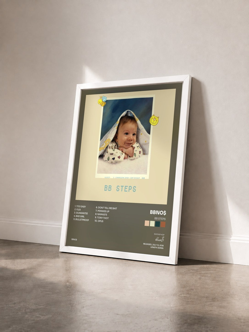 #blanc Tableau de l'album bb steps de bbno$ vu de trois quarts, cadre blanc