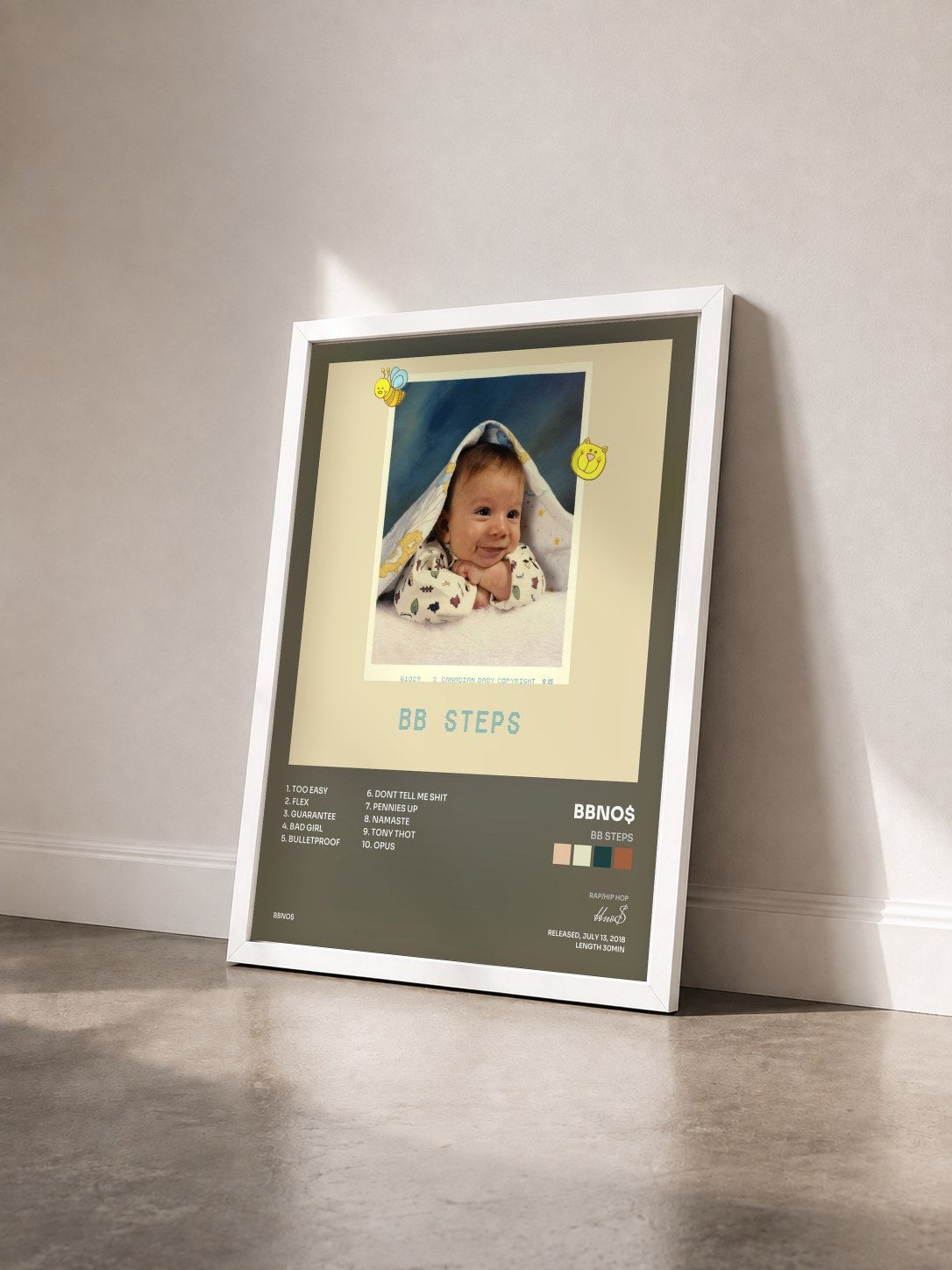 #blanc Tableau de l'album bb steps de bbno$ vu de trois quarts, cadre blanc