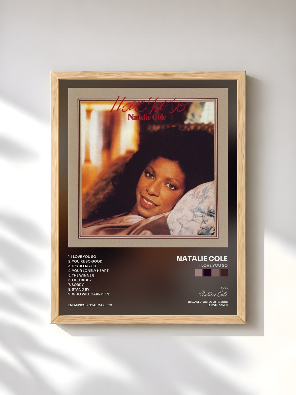 #bois Tableau de l'album I Love You So de Natalie Cole, cadre en bois brut, imprimé et encadré en France