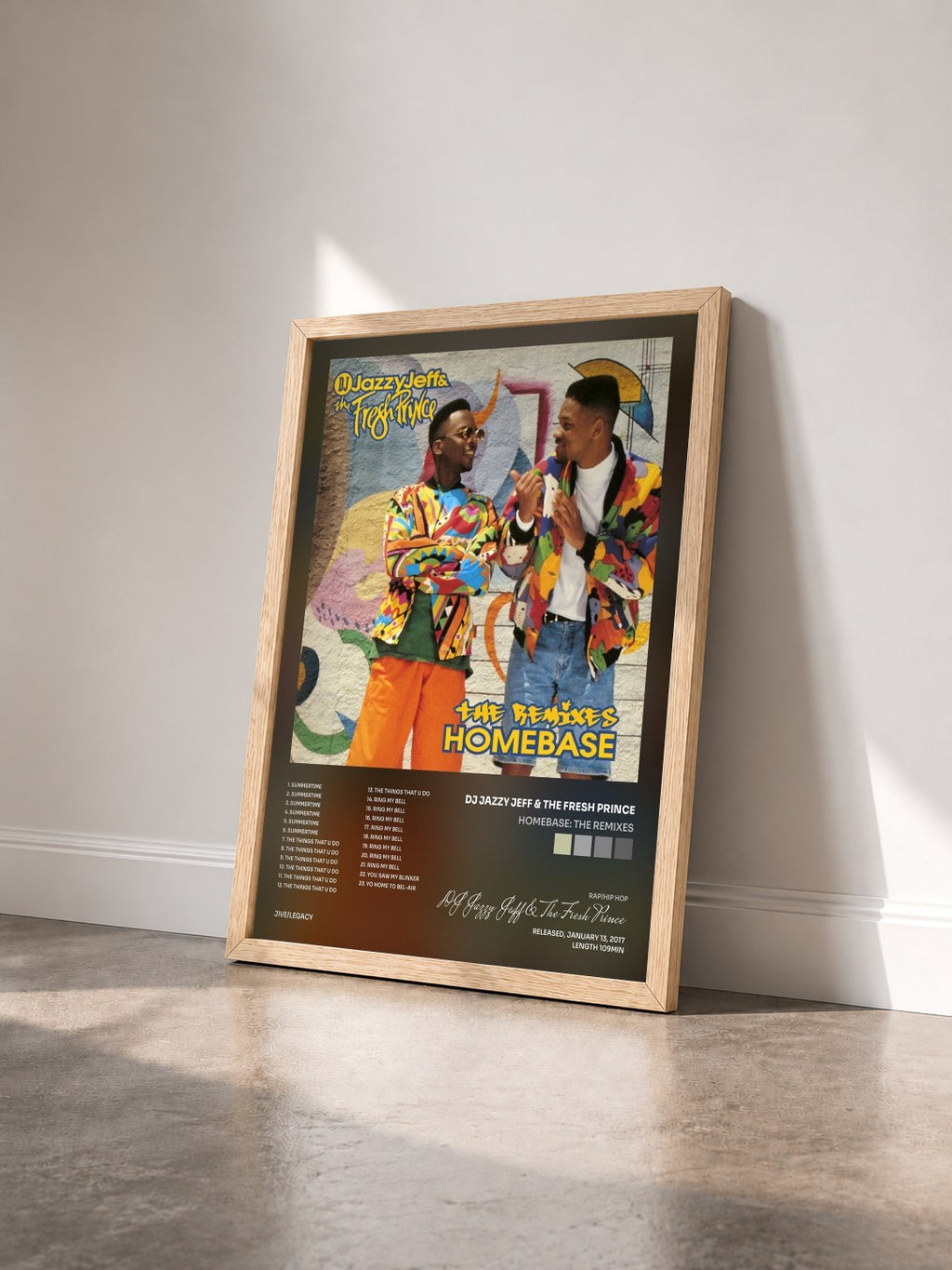 #bois Tableau de l'album Homebase: The Remixes de DJ Jazzy Jeff & The Fresh Prince vu de trois quarts, cadre en bois brut