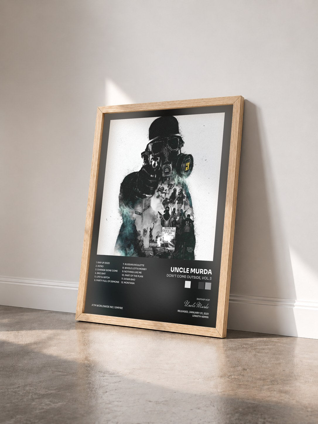 #bois Tableau de l'album Don't Come Outside, Vol. 3 de Uncle Murda vu de trois quarts, cadre en bois brut