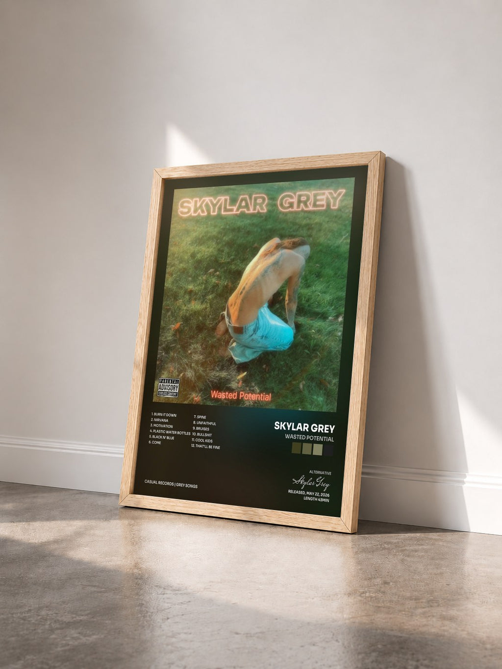 #bois Tableau de l'album Wasted Potential de Skylar Grey vu de trois quarts, cadre en bois brut