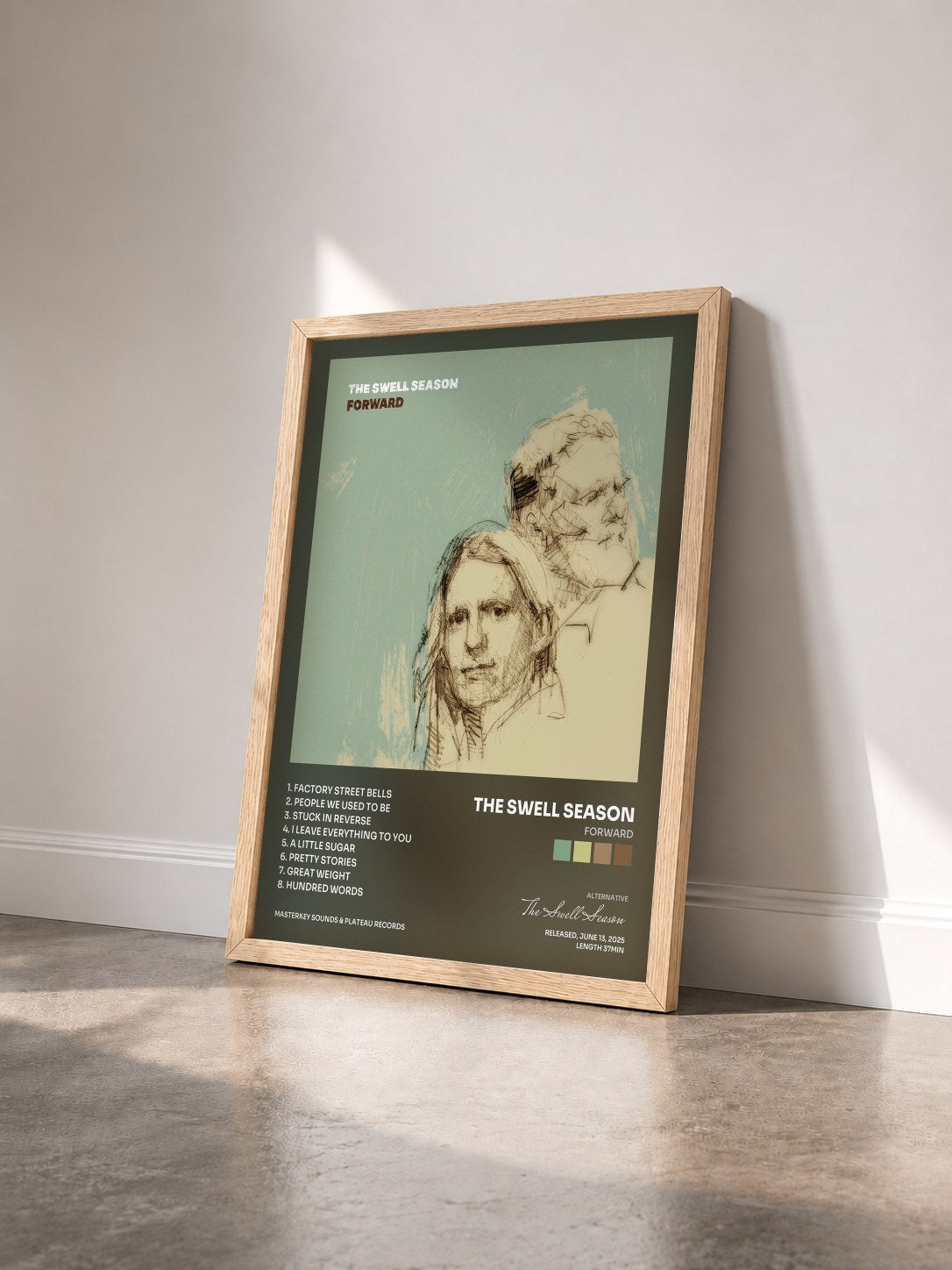 #bois Tableau de l'album Forward de The Swell Season vu de trois quarts, cadre en bois brut
