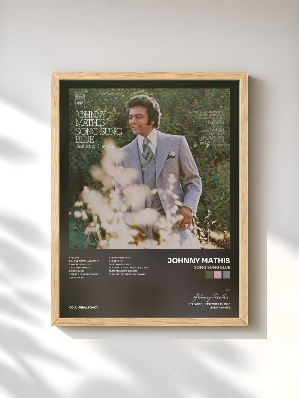 #bois Tableau de l'album Song Sung Blue de Johnny Mathis, cadre en bois brut, imprimé et encadré en France