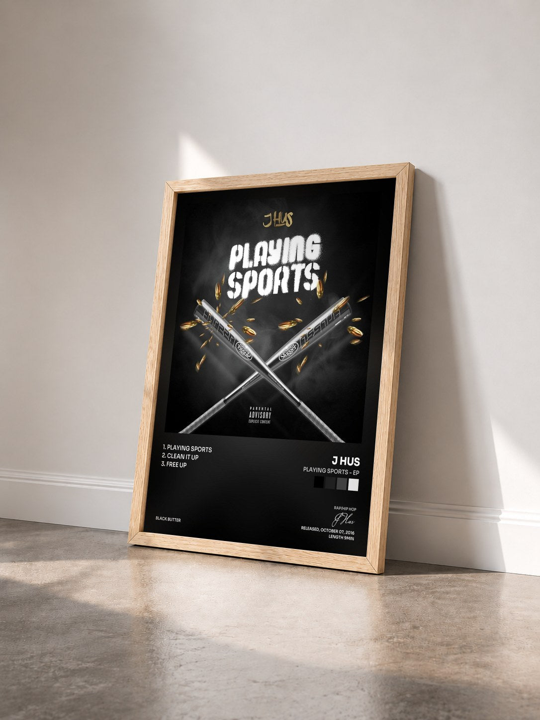 #bois Tableau de l'album Playing Sports - EP de J Hus vu de trois quarts, cadre en bois brut