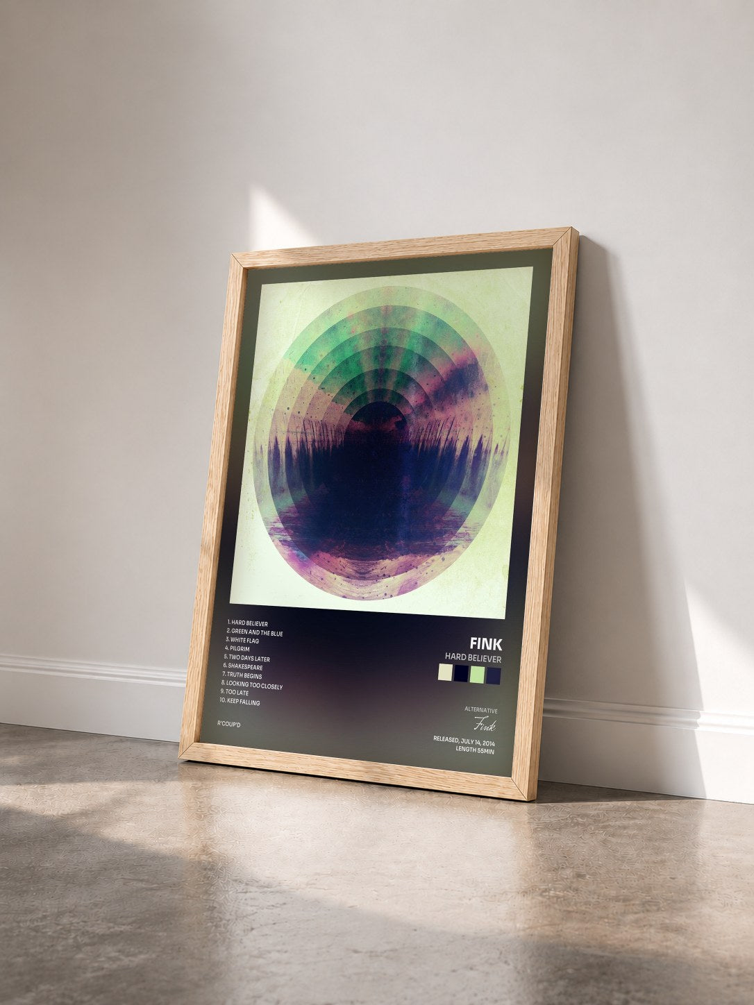 #bois Tableau de l'album Hard Believer de Fink vu de trois quarts, cadre en bois brut