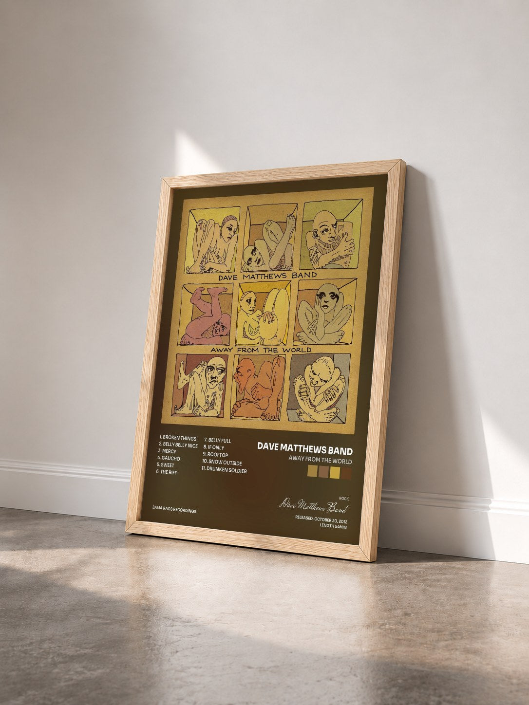 #bois Tableau de l'album Away From The World de Dave Matthews Band vu de trois quarts, cadre en bois brut