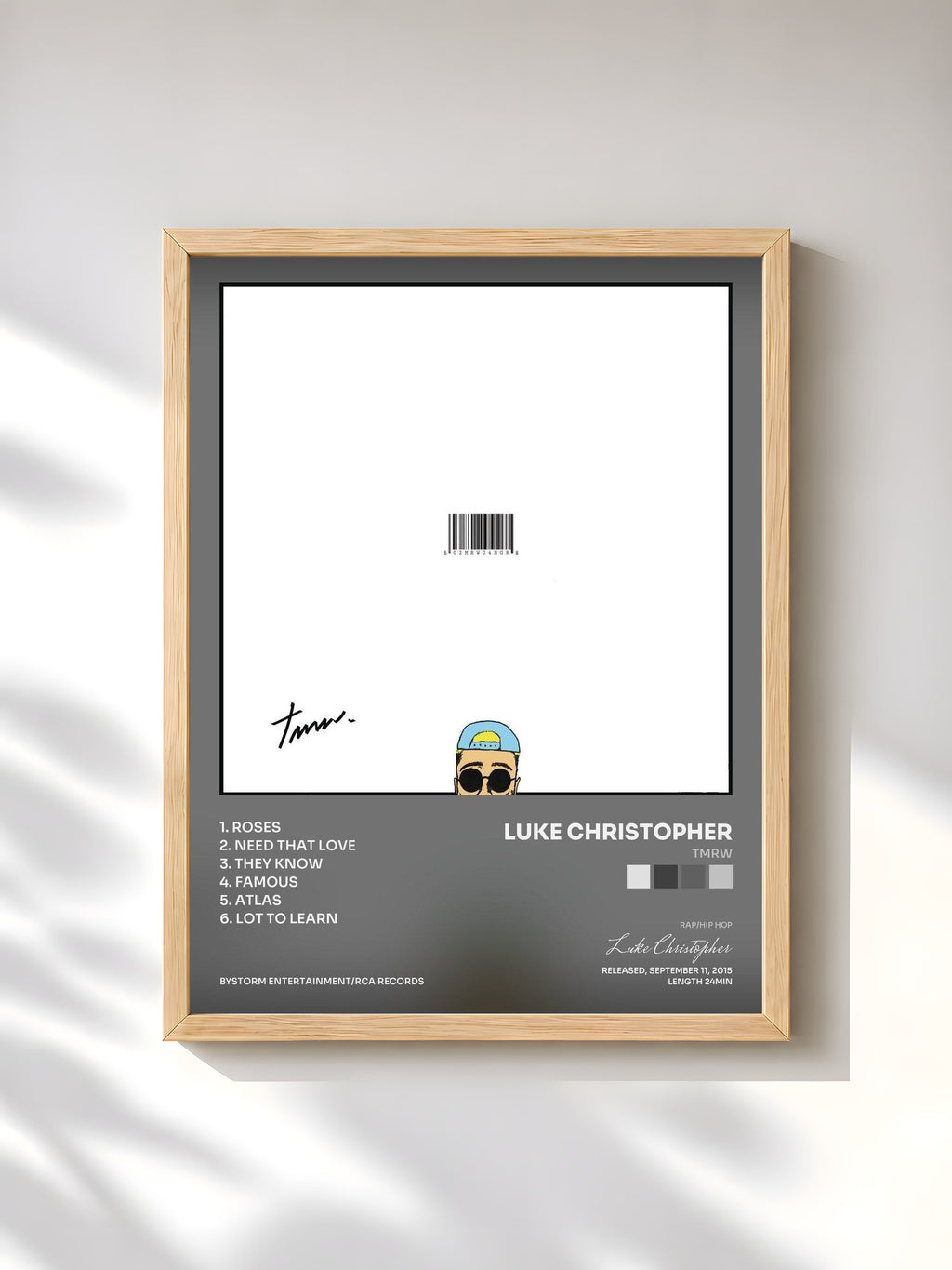 #bois Tableau de l'album TMRW de Luke Christopher, cadre en bois brut, imprimé et encadré en France