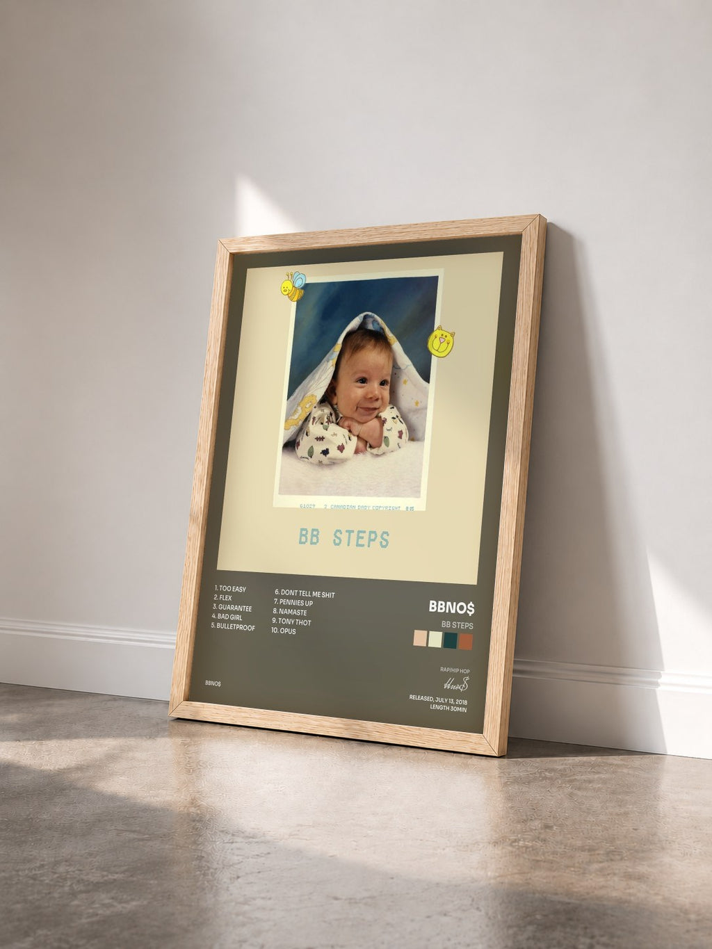 #bois Tableau de l'album bb steps de bbno$ vu de trois quarts, cadre en bois brut