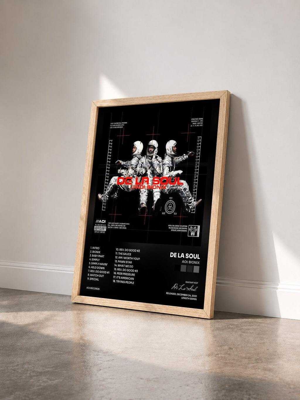 #bois Tableau de l'album AOI: Bionix de De La Soul vu de trois quarts, cadre en bois brut