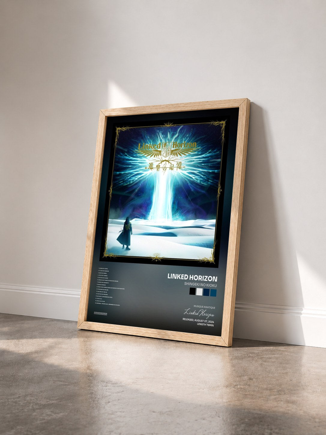 #bois Tableau de l'album Shingeki no Kioku de Linked Horizon vu de trois quarts, cadre en bois brut