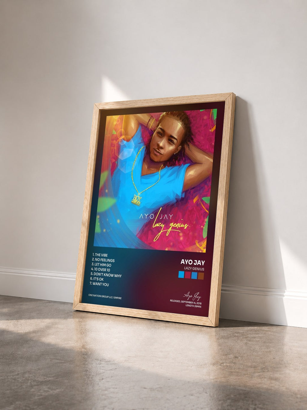 #bois Tableau de l'album Lazy Genius de Ayo Jay vu de trois quarts, cadre en bois brut