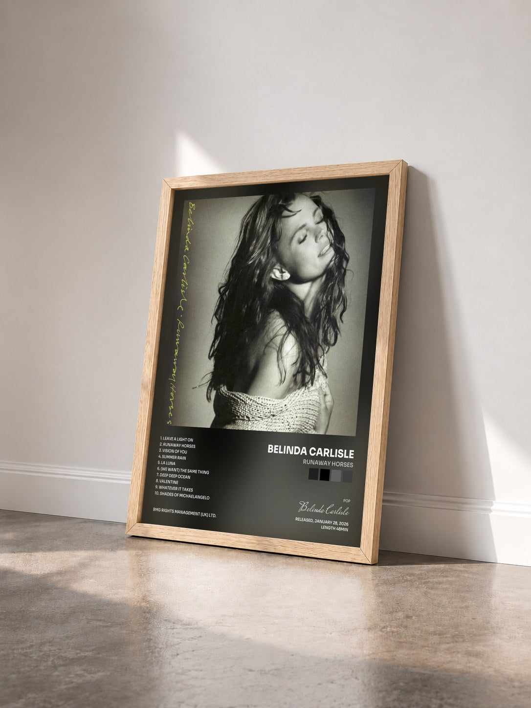 #bois Tableau de l'album Runaway Horses de Belinda Carlisle vu de trois quarts, cadre en bois brut