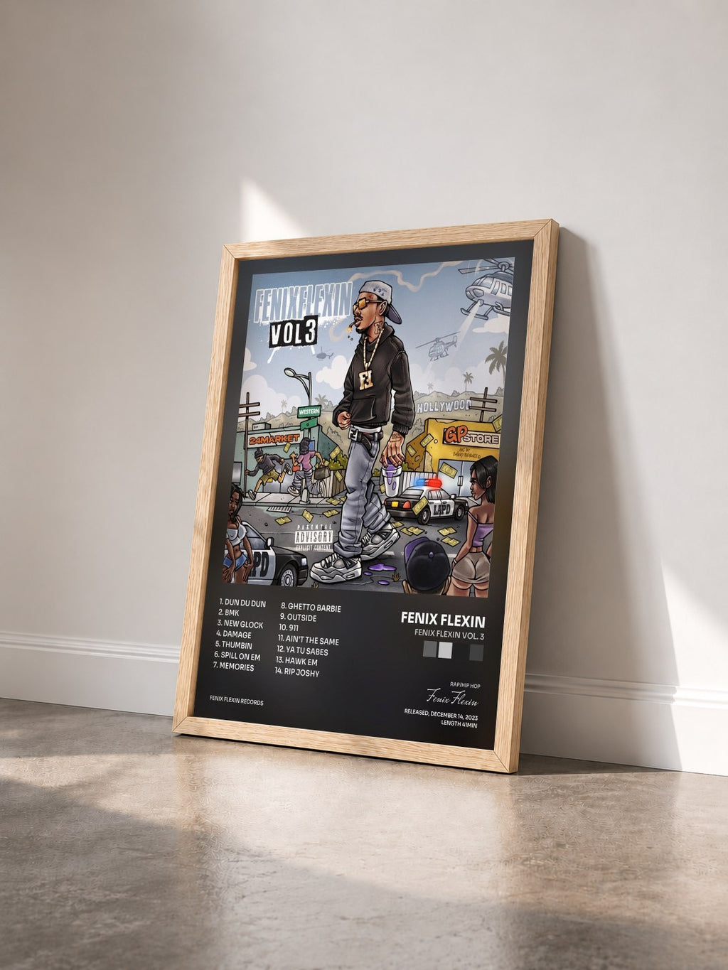 #bois Tableau de l'album Fenix Flexin Vol. 3 de Fenix Flexin vu de trois quarts, cadre en bois brut