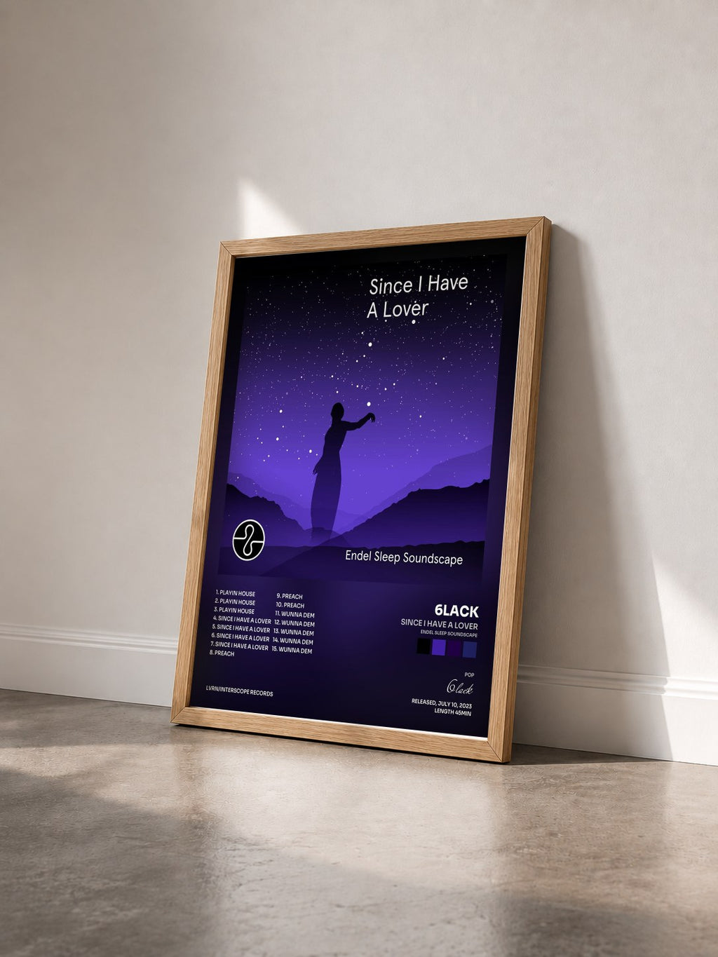 #bois Tableau de l'album Since I Have A Lover (Endel Sleep Soundscape) de 6lack vu de trois quarts, cadre en bois brut