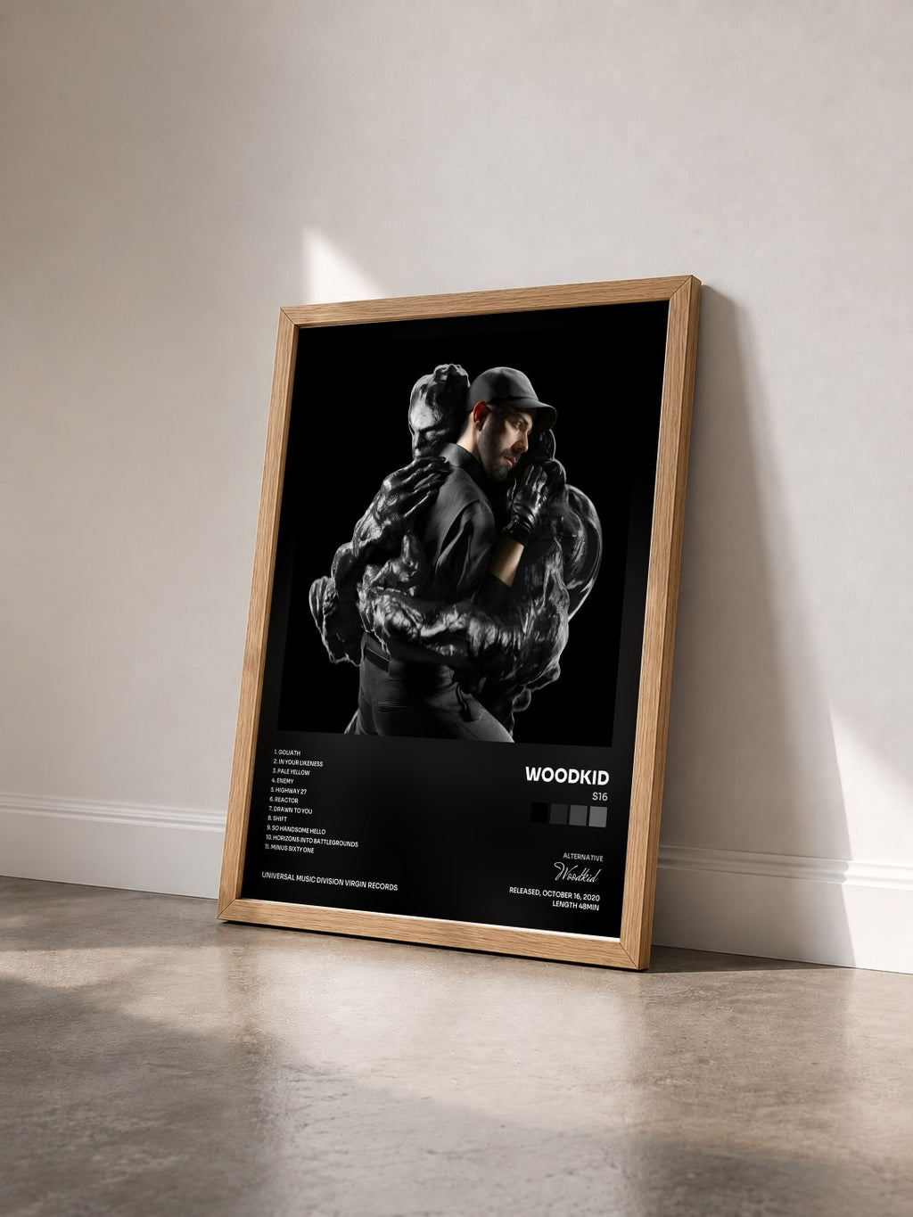 #bois Tableau de l'album S16 de Woodkid vu de trois quarts, cadre en bois brut