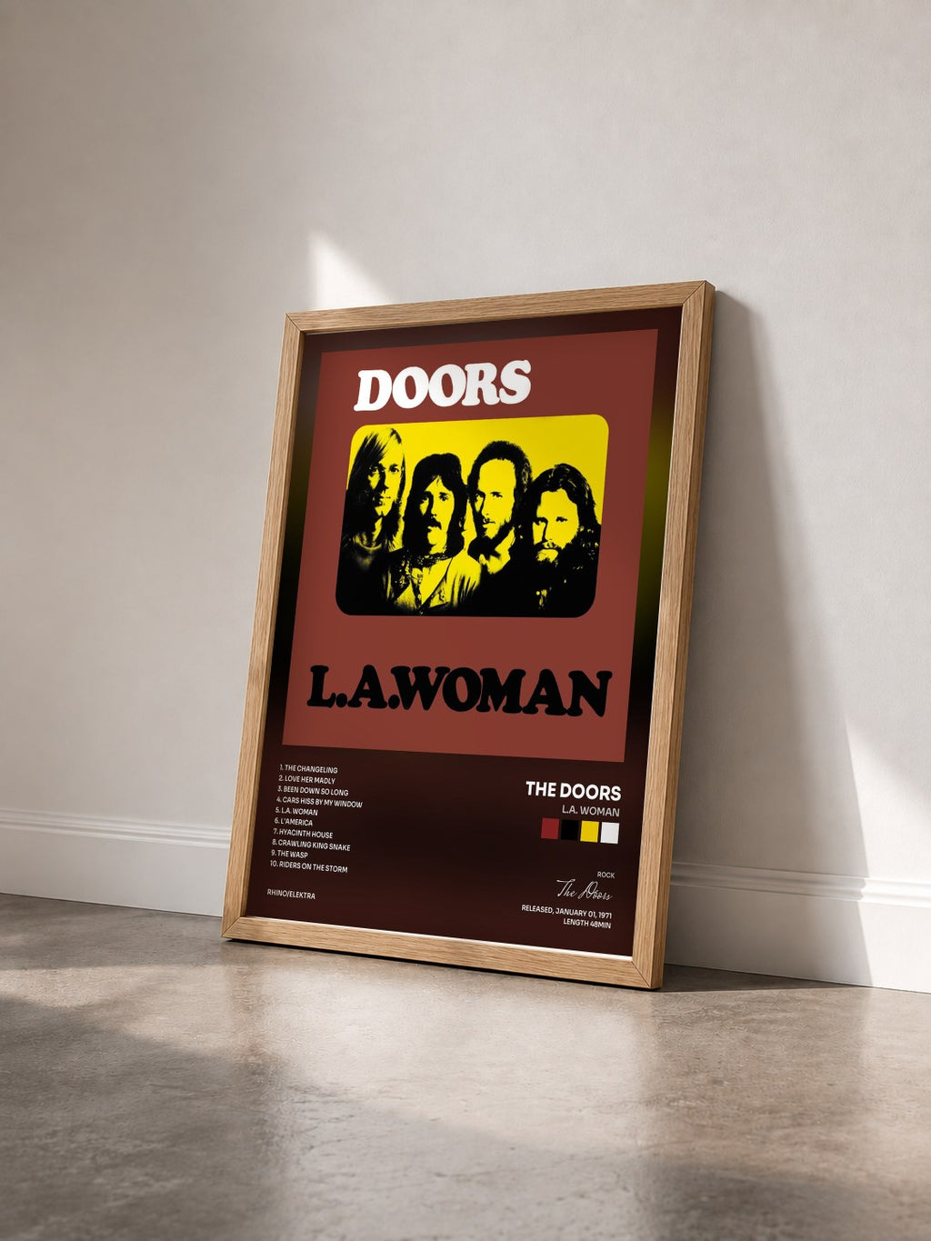 #bois Tableau de l'album L.A. Woman de The Doors vu de trois quarts, cadre en bois brut