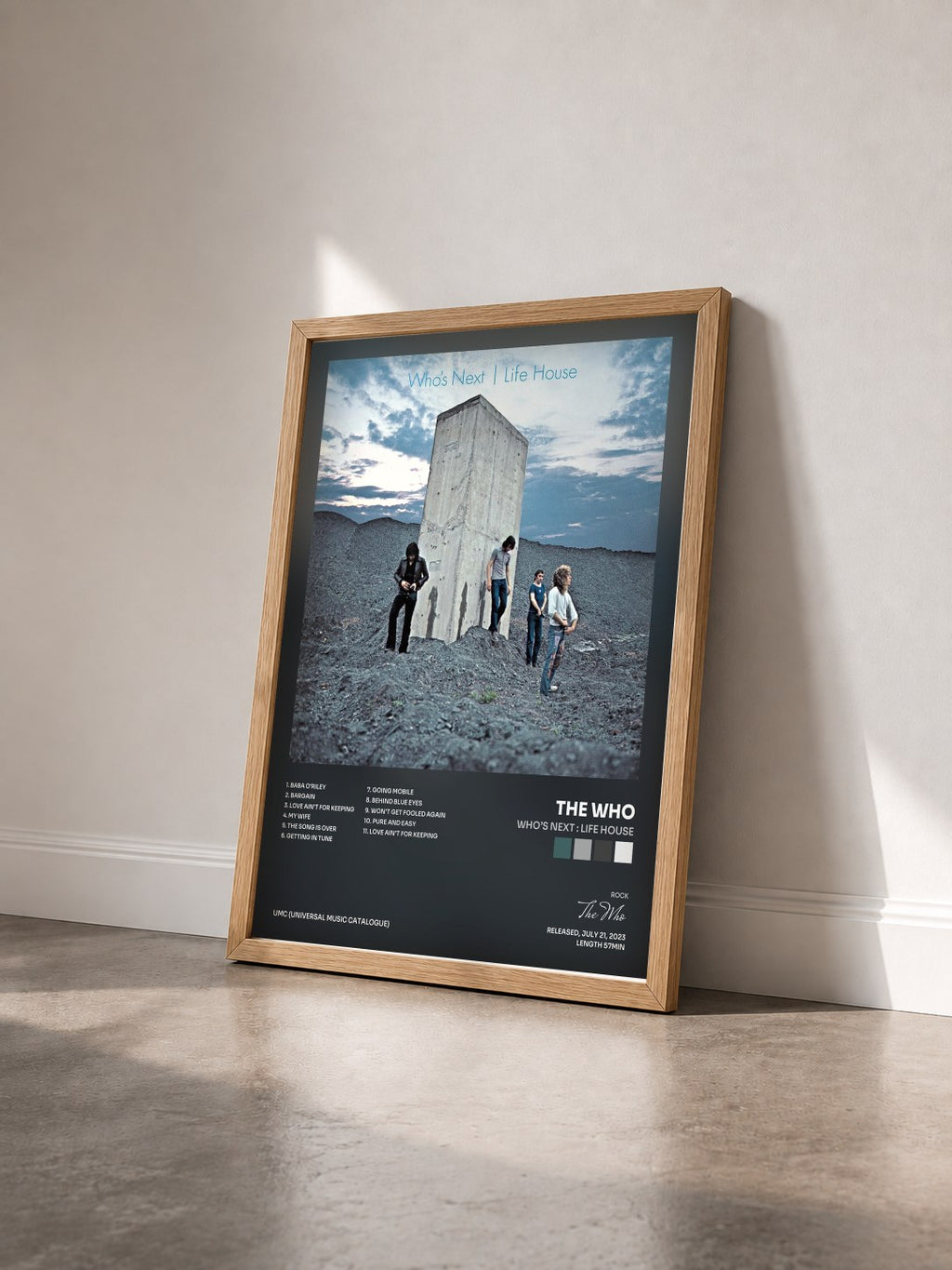 #bois Tableau de l'album Who’s Next : Life House de The Who vu de trois quarts, cadre en bois brut