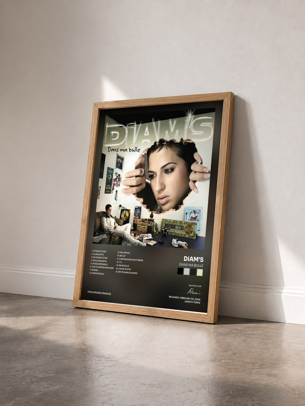 #bois Tableau de l'album Dans Ma Bulle de Diam's vu de trois quarts, cadre en bois brut