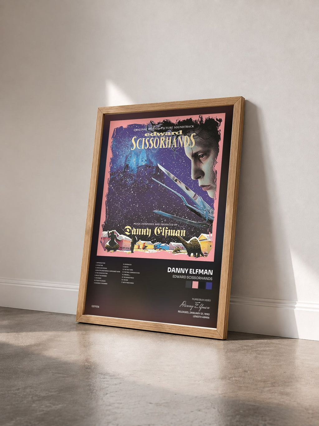 #bois Tableau de l'album Edward Scissorhands de Danny Elfman vu de trois quarts, cadre en bois brut