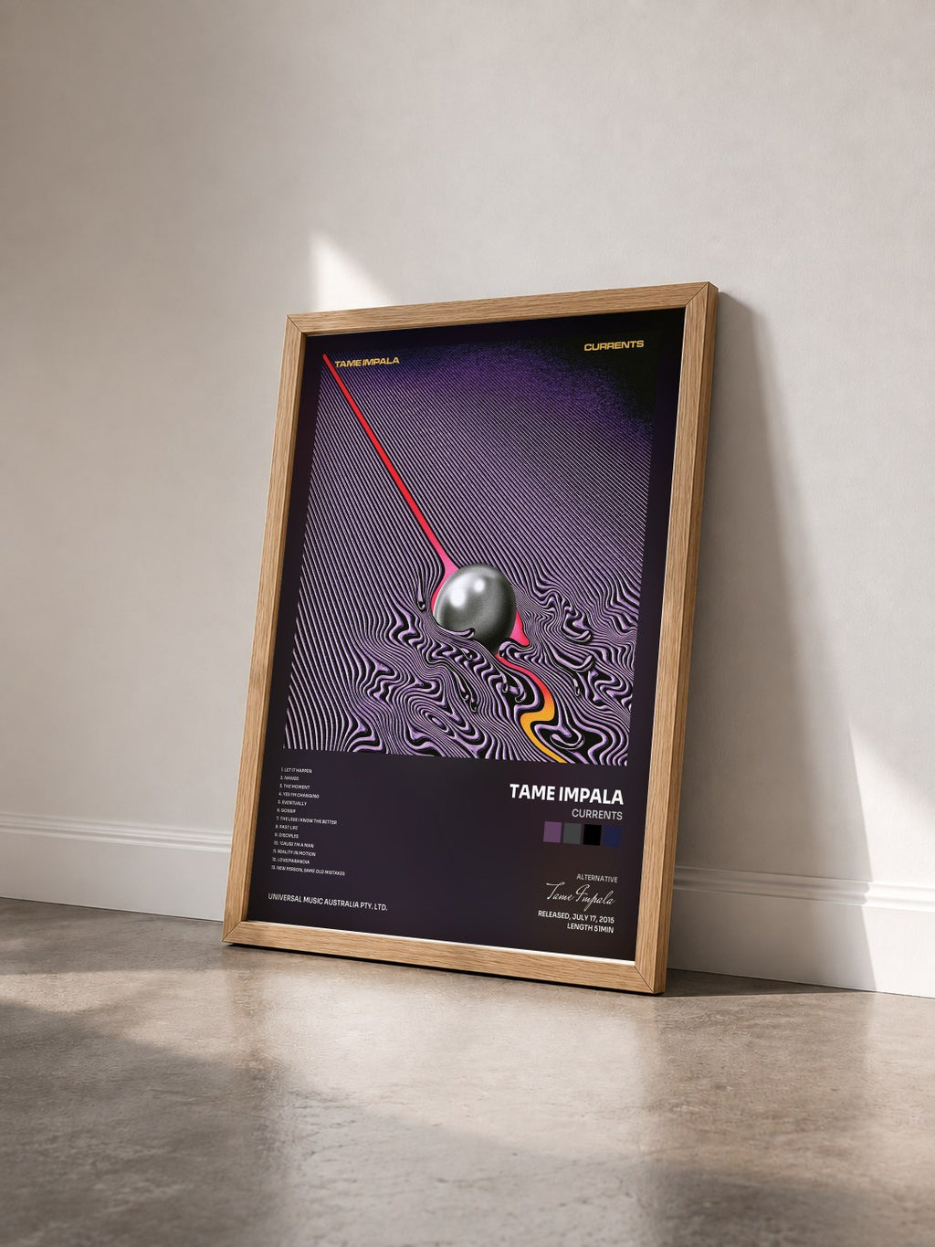 #bois Tableau de l'album Currents de Tame Impala vu de trois quarts, cadre en bois brut