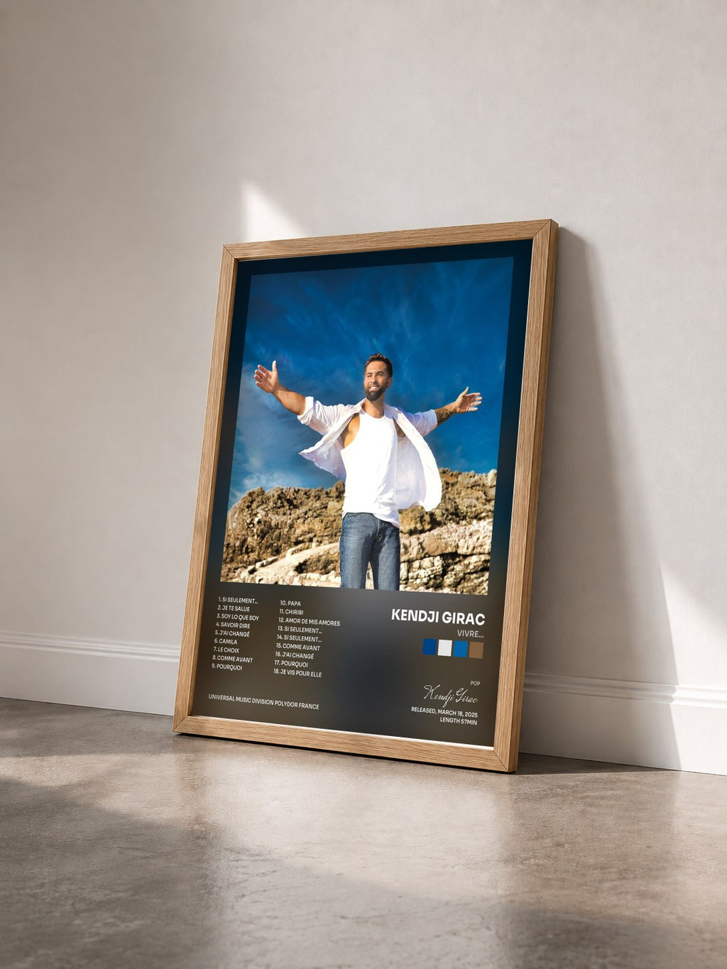 #bois Tableau de l'album Vivre... de Kendji Girac vu de trois quarts, cadre en bois brut
