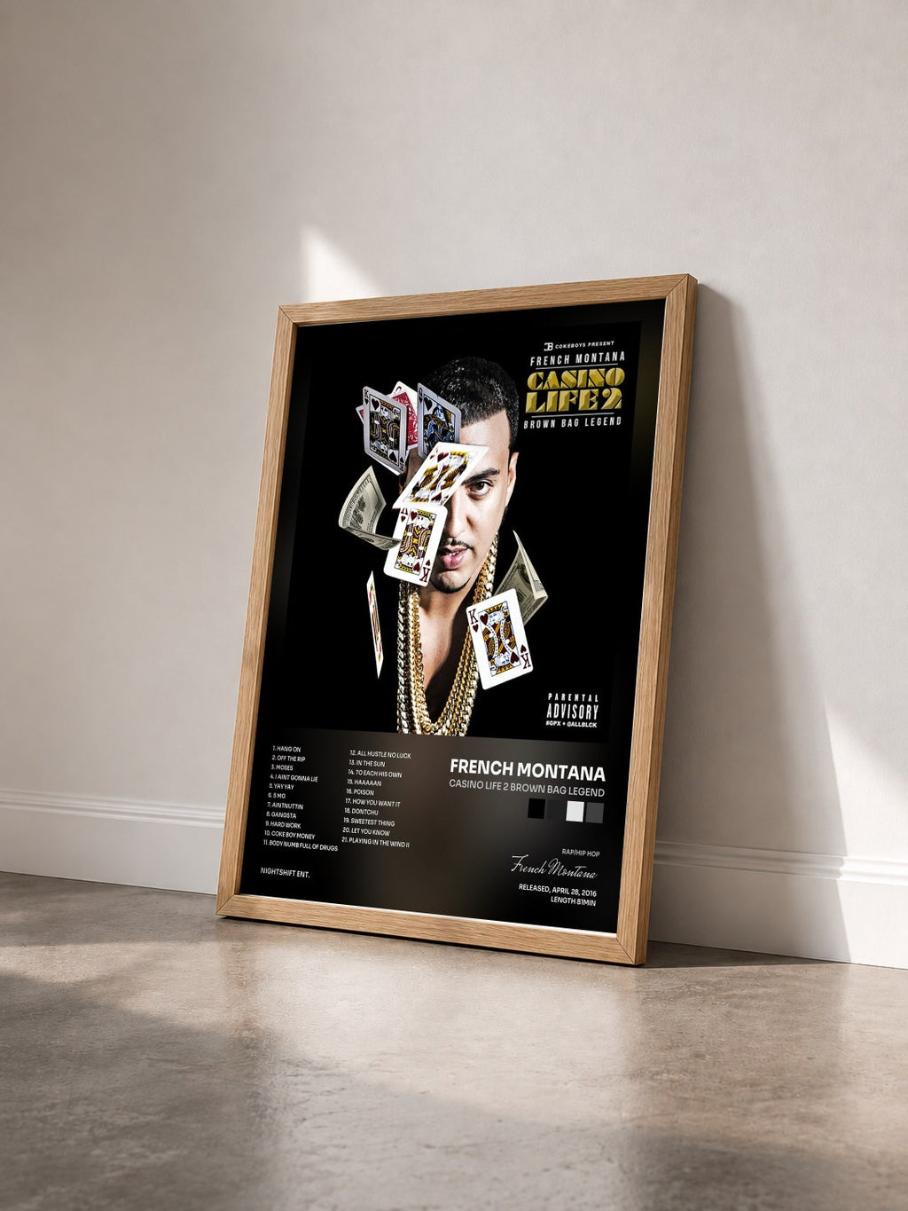 #bois Tableau de l'album Casino Life 2 Brown Bag Legend de French Montana vu de trois quarts, cadre en bois brut
