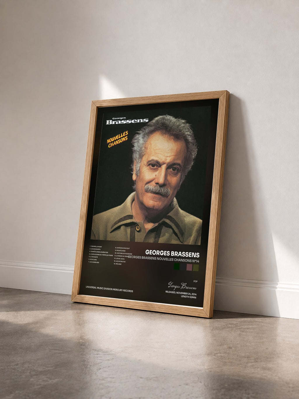 #bois Tableau de l'album Georges Brassens nouvelles chansons N°14 de Georges Brassens vu de trois quarts, cadre en bois brut