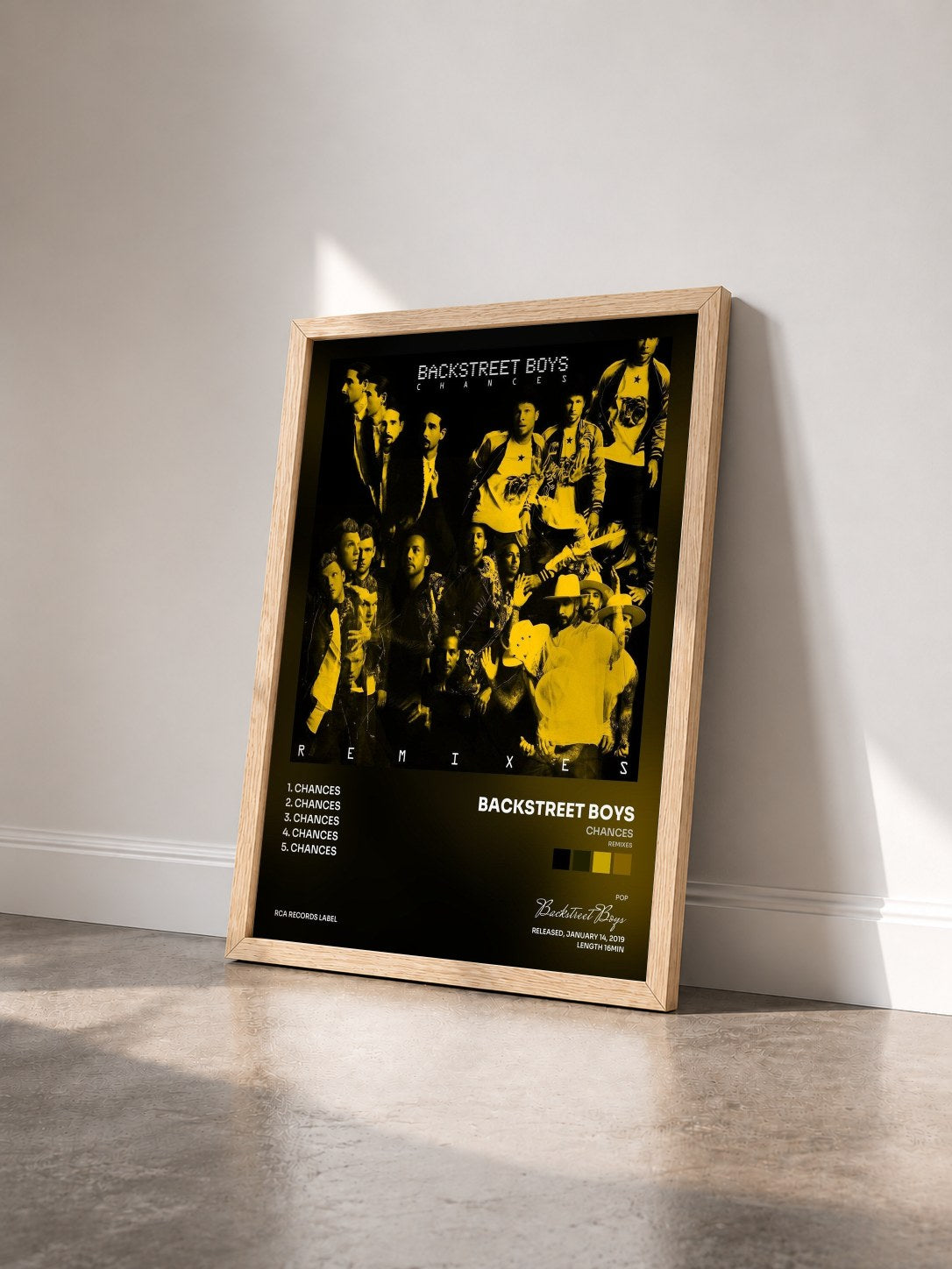 #bois Tableau de l'album Chances (Remixes) de Backstreet Boys vu de trois quarts, cadre en bois brut