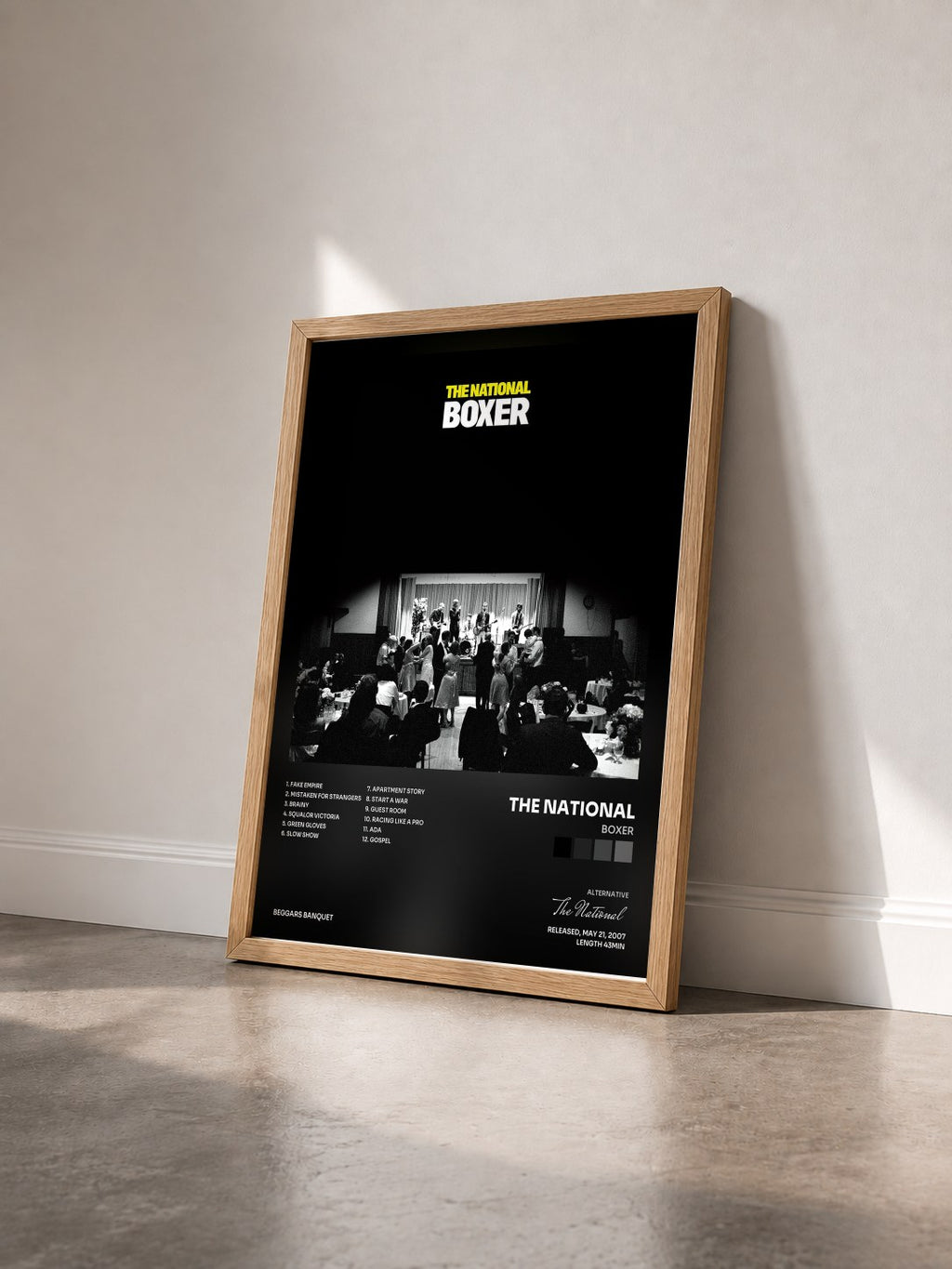 #bois Tableau de l'album Boxer de The National vu de trois quarts, cadre en bois brut