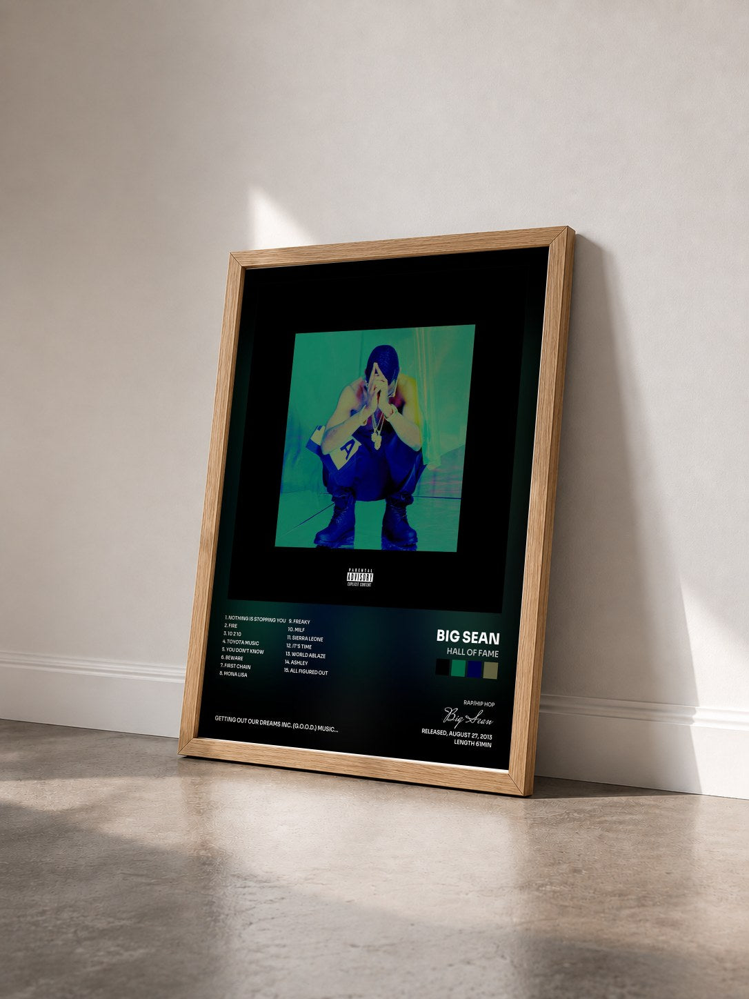 #bois Tableau de l'album Hall Of Fame de Big Sean vu de trois quarts, cadre en bois brut
