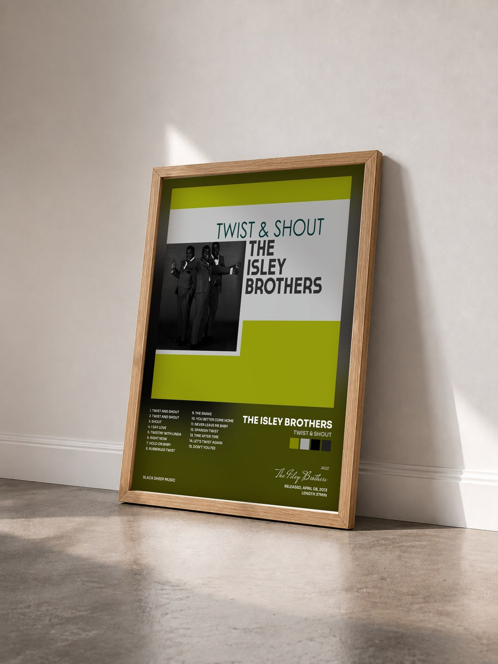 #bois Tableau de l'album Twist & Shout de The Isley Brothers vu de trois quarts, cadre en bois brut