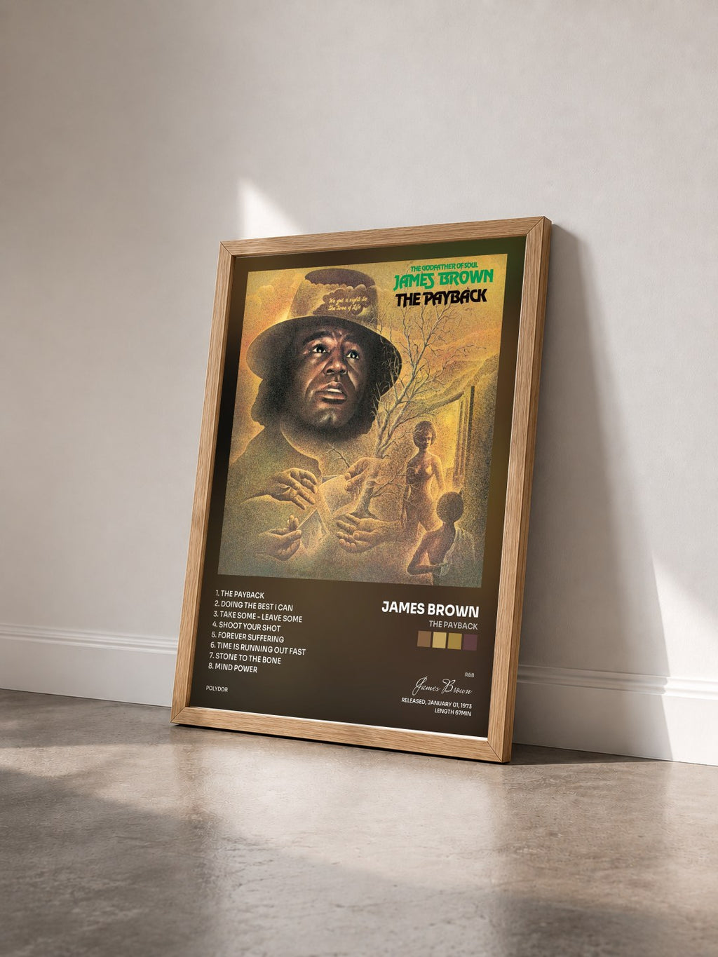 #bois Tableau de l'album The Payback de James Brown vu de trois quarts, cadre en bois brut