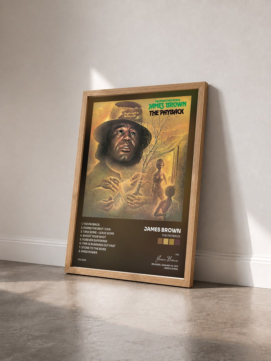 #bois Tableau de l'album The Payback de James Brown vu de trois quarts, cadre en bois brut