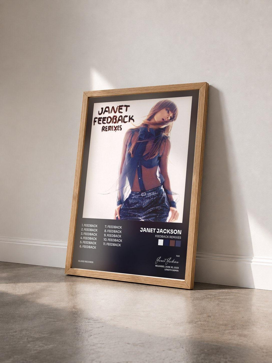 #bois Tableau de l'album Feedback Remixes de Janet Jackson vu de trois quarts, cadre en bois brut