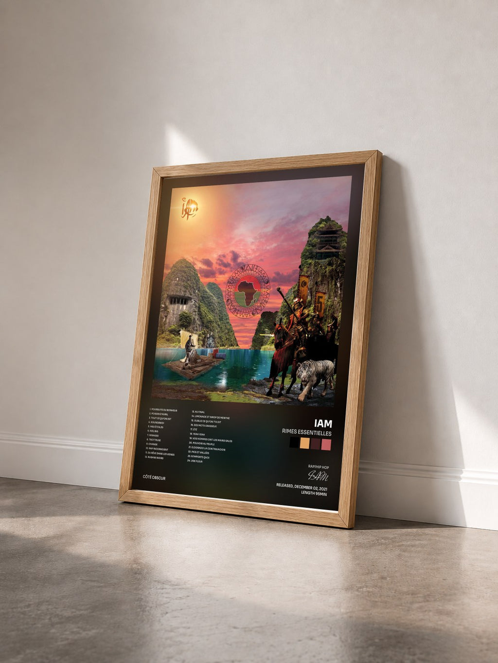 #bois Tableau de l'album Rimes essentielles de IAM vu de trois quarts, cadre en bois brut