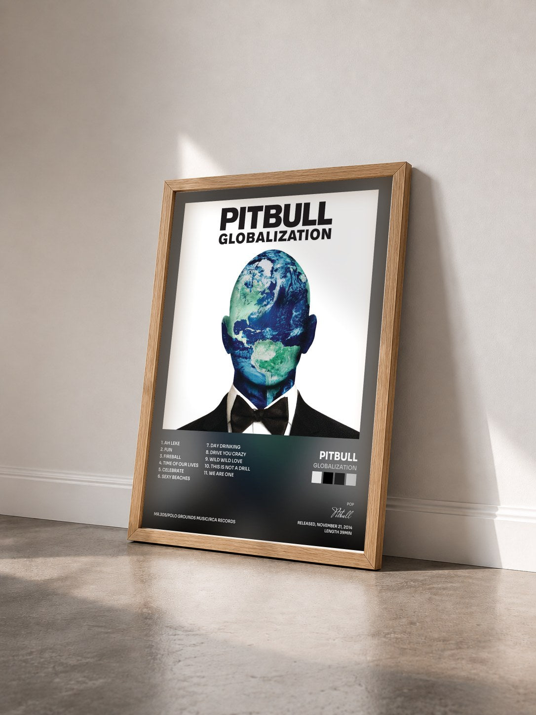 #bois Tableau de l'album Globalization de Pitbull vu de trois quarts, cadre en bois brut