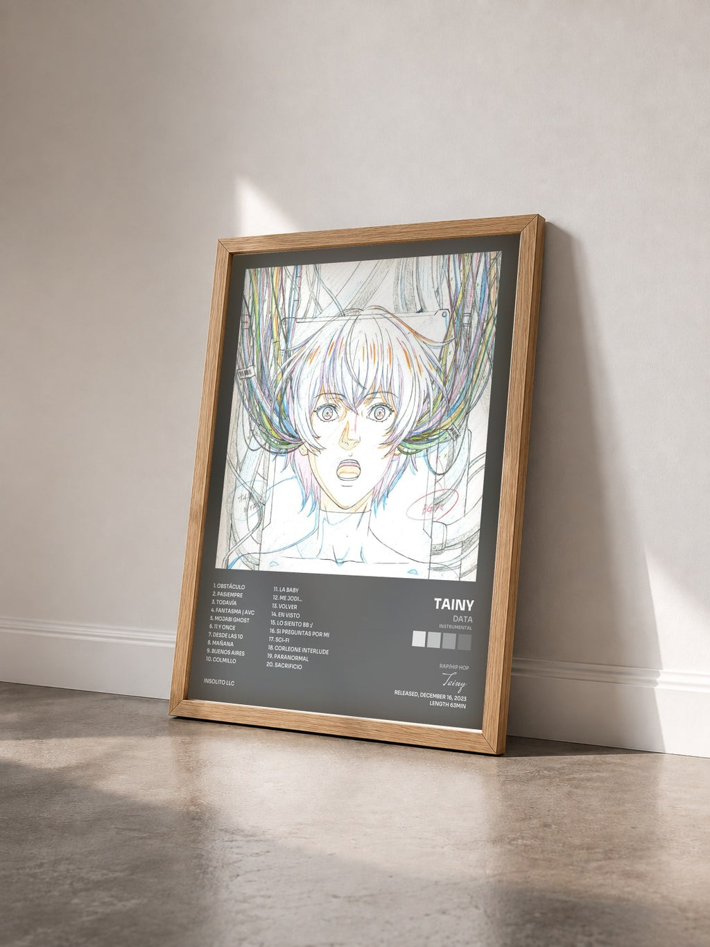 #bois Tableau de l'album DATA (Instrumental) de Tainy vu de trois quarts, cadre en bois brut