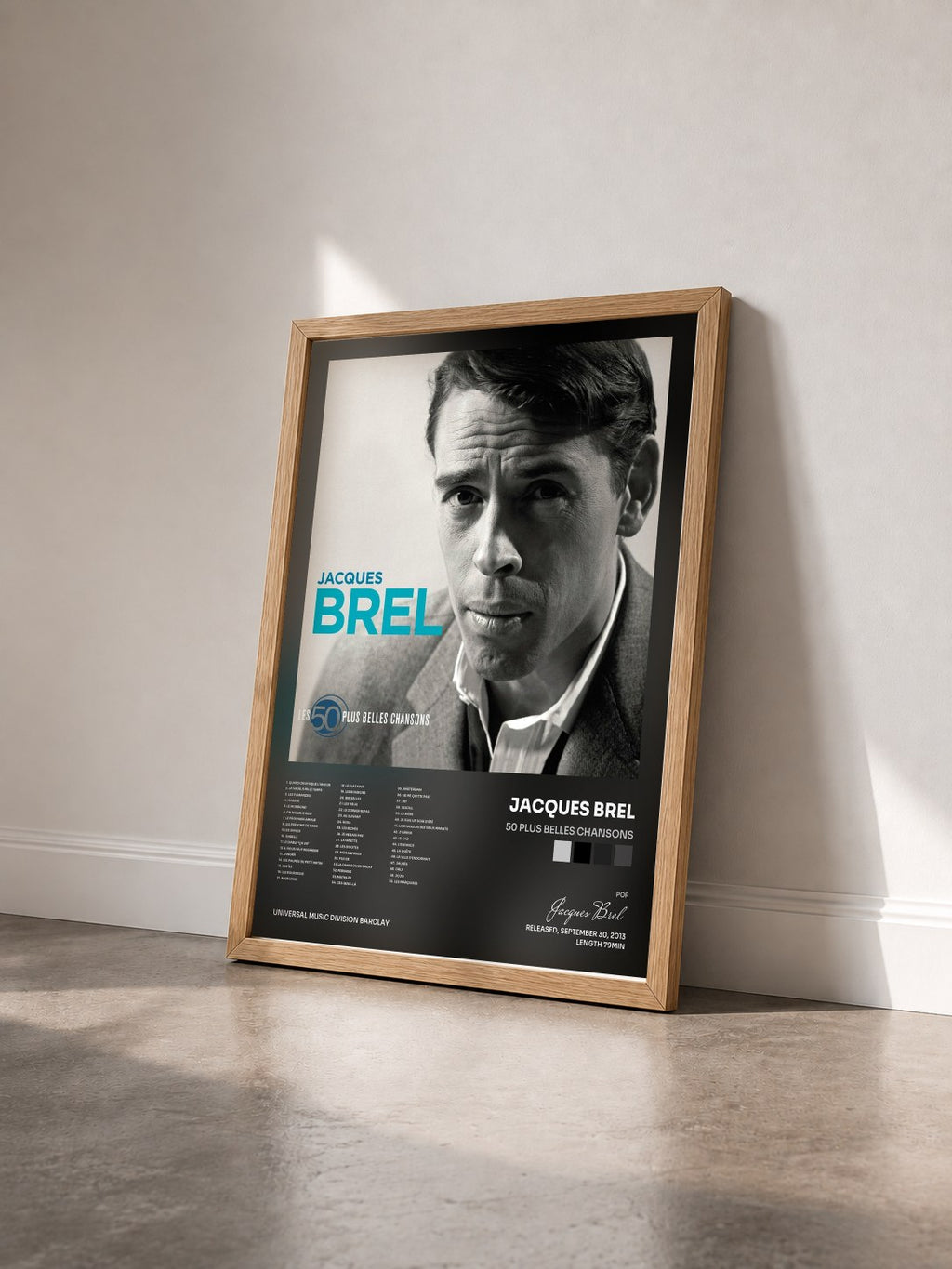#bois Tableau de l'album 50 Plus Belles Chansons de Jacques Brel vu de trois quarts, cadre en bois brut