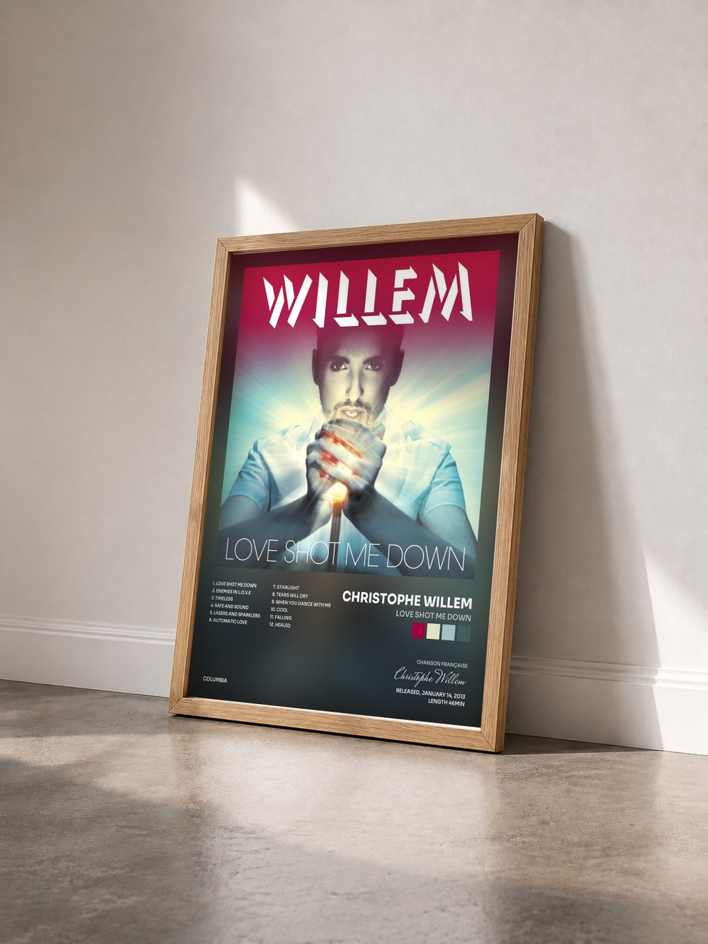 #bois Tableau de l'album Love Shot Me Down de Christophe Willem vu de trois quarts, cadre en bois brut