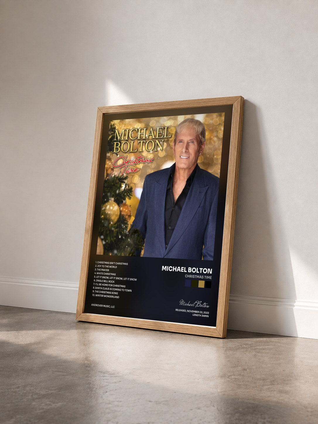 #bois Tableau de l'album Christmas Time de Michael Bolton vu de trois quarts, cadre en bois brut