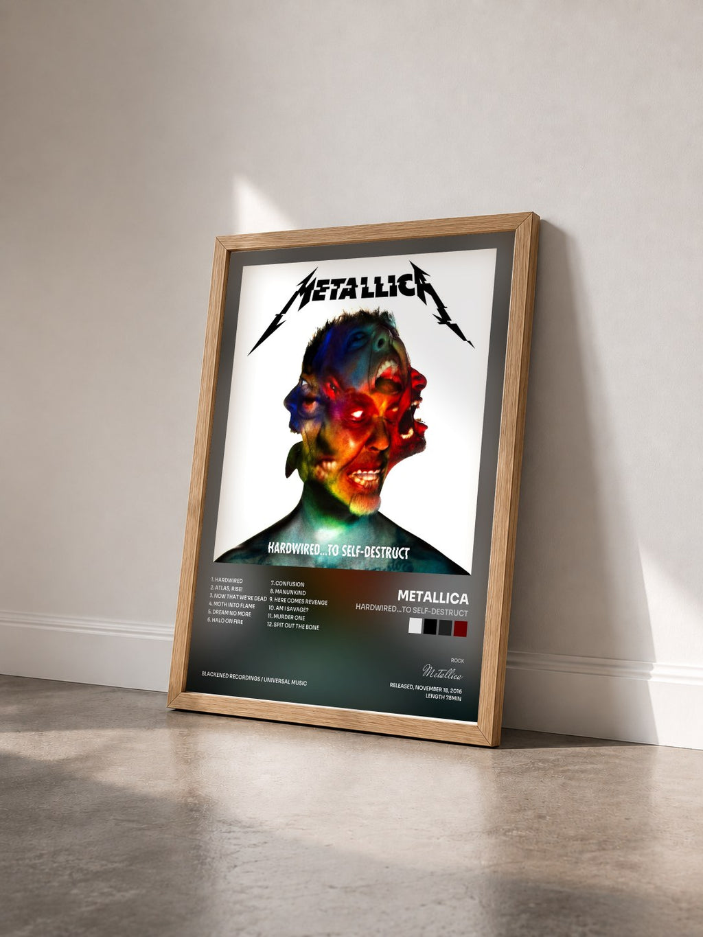 #bois Tableau de l'album Hardwired…To Self-Destruct de Metallica vu de trois quarts, cadre en bois brut
