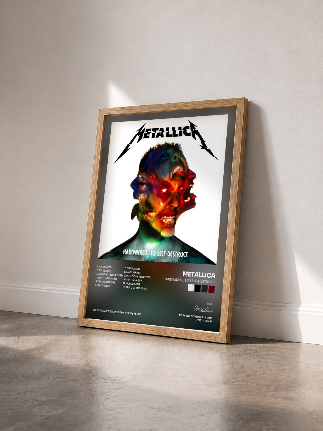 #bois Tableau de l'album Hardwired…To Self-Destruct de Metallica vu de trois quarts, cadre en bois brut