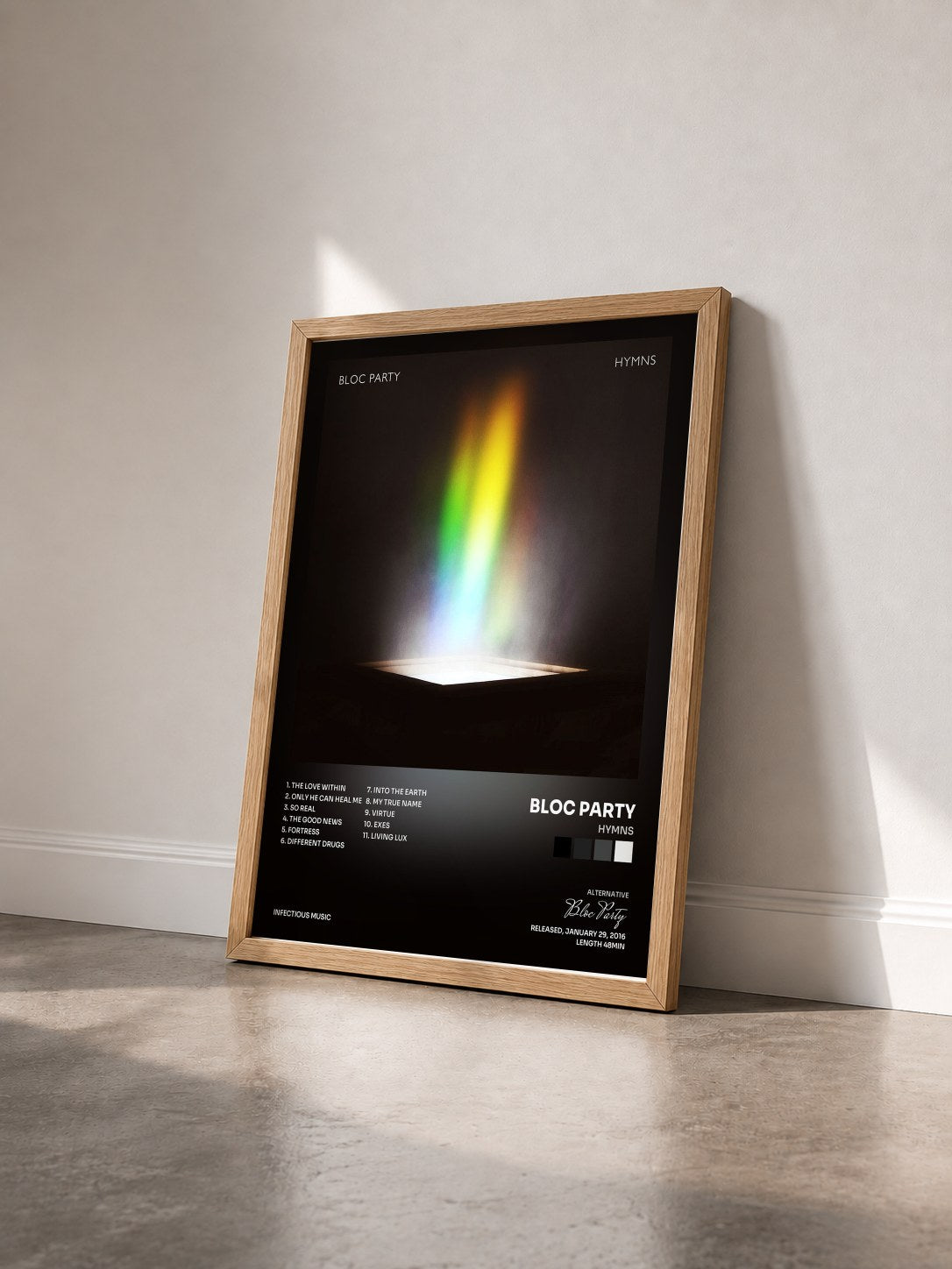 #bois Tableau de l'album Hymns de Bloc Party vu de trois quarts, cadre en bois brut