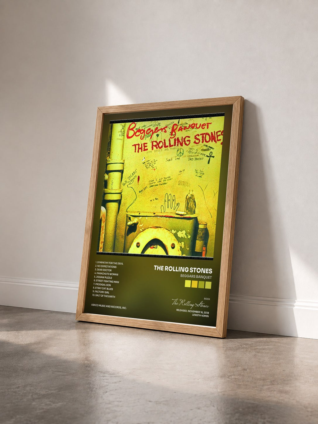 #bois Tableau de l'album Beggars Banquet de The Rolling Stones vu de trois quarts, cadre en bois brut