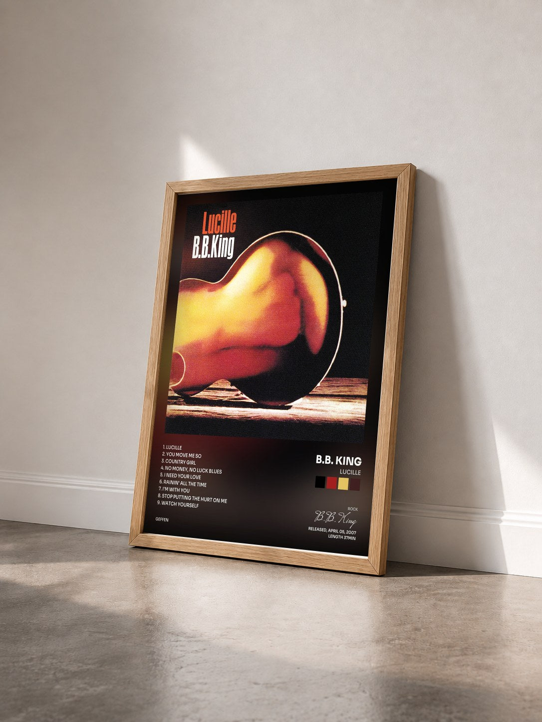 #bois Tableau de l'album Lucille de B.B. King vu de trois quarts, cadre en bois brut